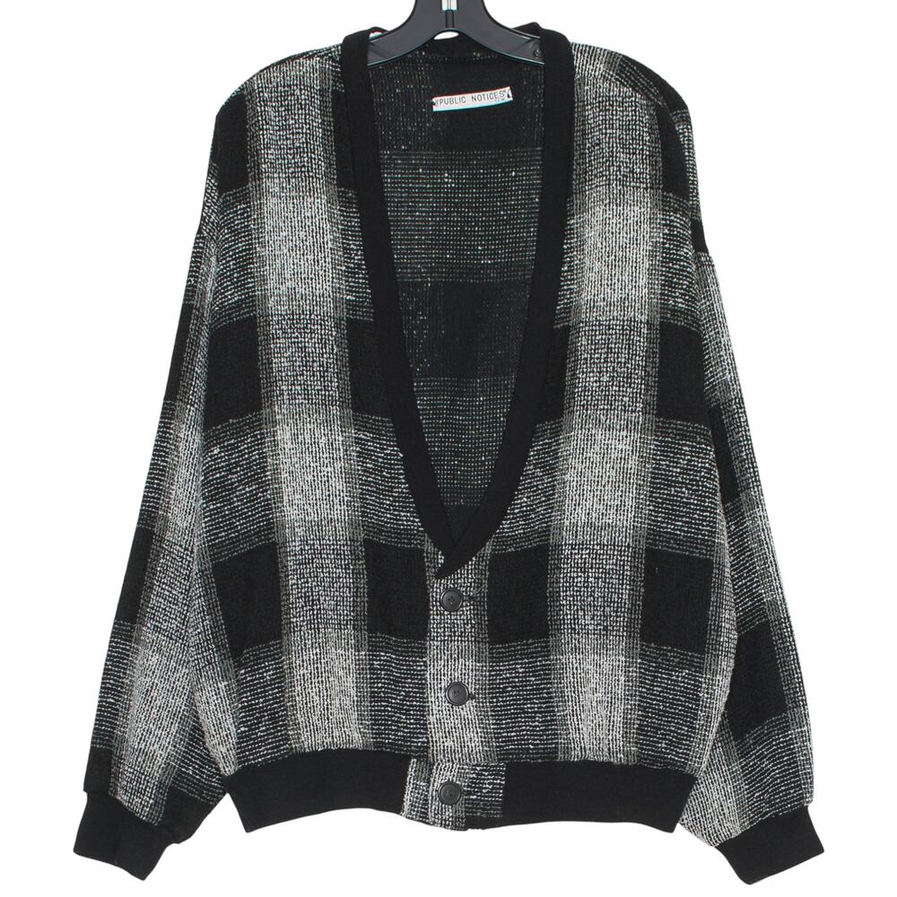 Vintage Public Notices Cardigan Sweater Grunge 90s Grandpa Academia Plaid 2XL